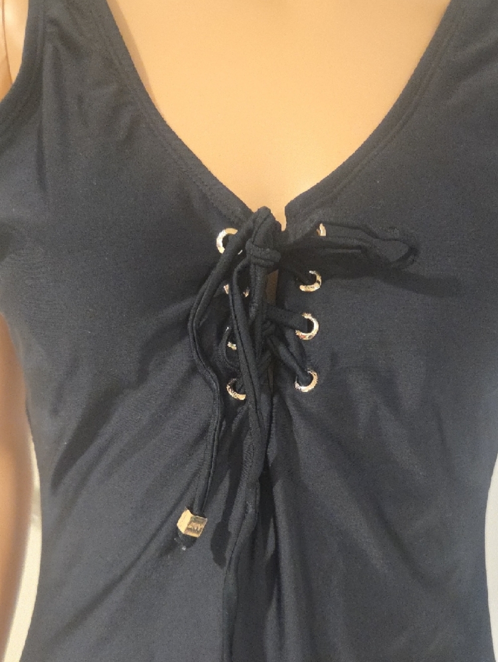 Jones New York Black Lace-Up V-Neck One-Piece Swimsuit with Gold-Tip Ties - Picture 2 of 6